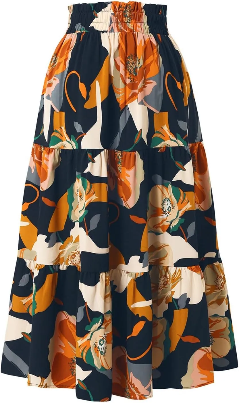 Boho Skirts for Women Trendy Beach Elastic Waist Travel Swing Peasant Pleated Country Flowy Business Smocked Skirts