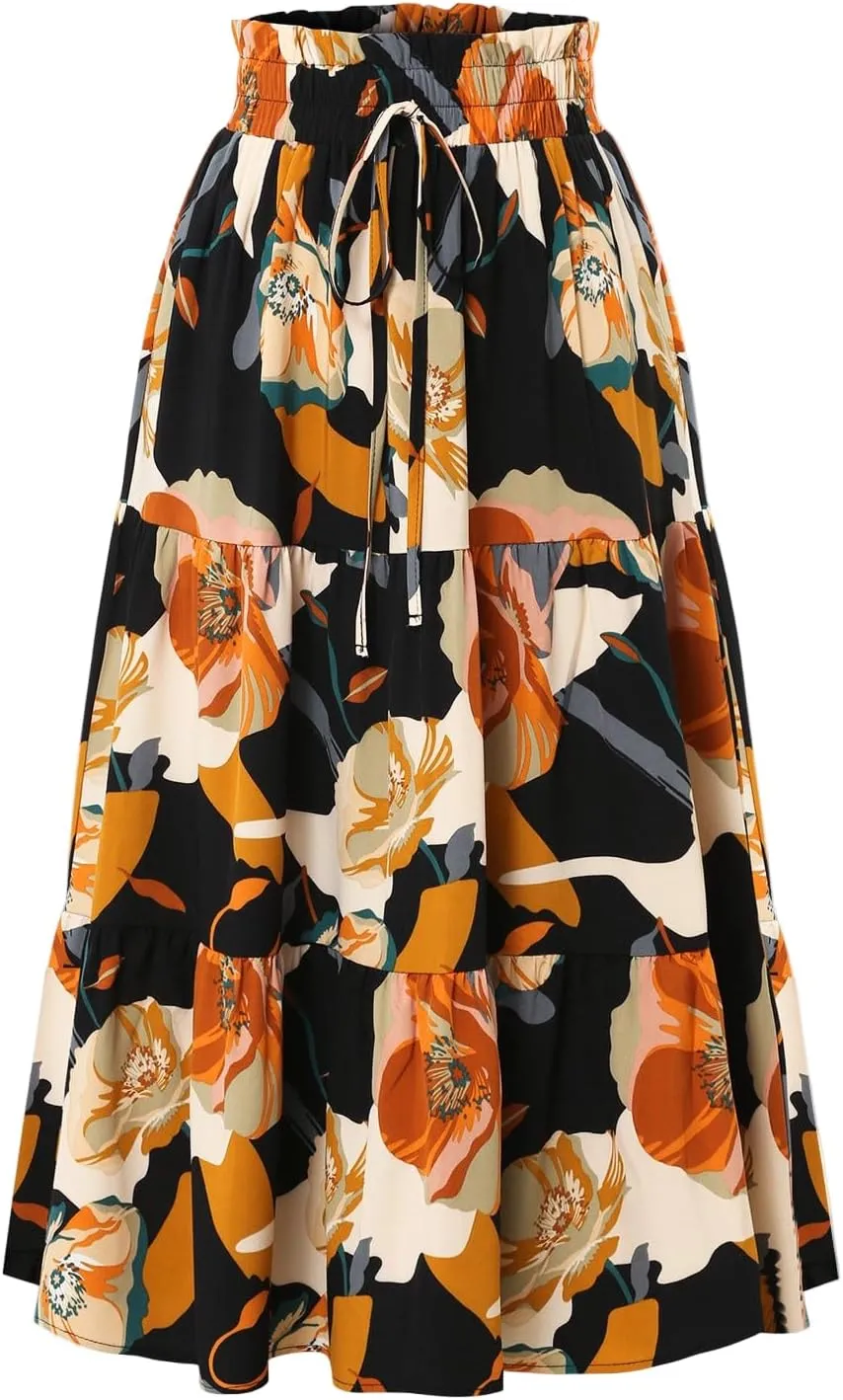Boho Skirts for Women Trendy Beach Elastic Waist Travel Swing Peasant Pleated Country Flowy Business Smocked Skirts