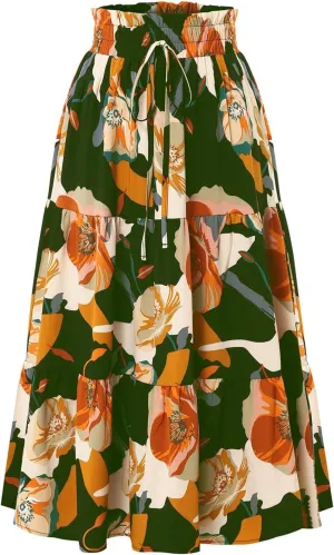 Boho Skirts for Women Trendy Beach Elastic Waist Travel Swing Peasant Pleated Country Flowy Business Smocked Skirts