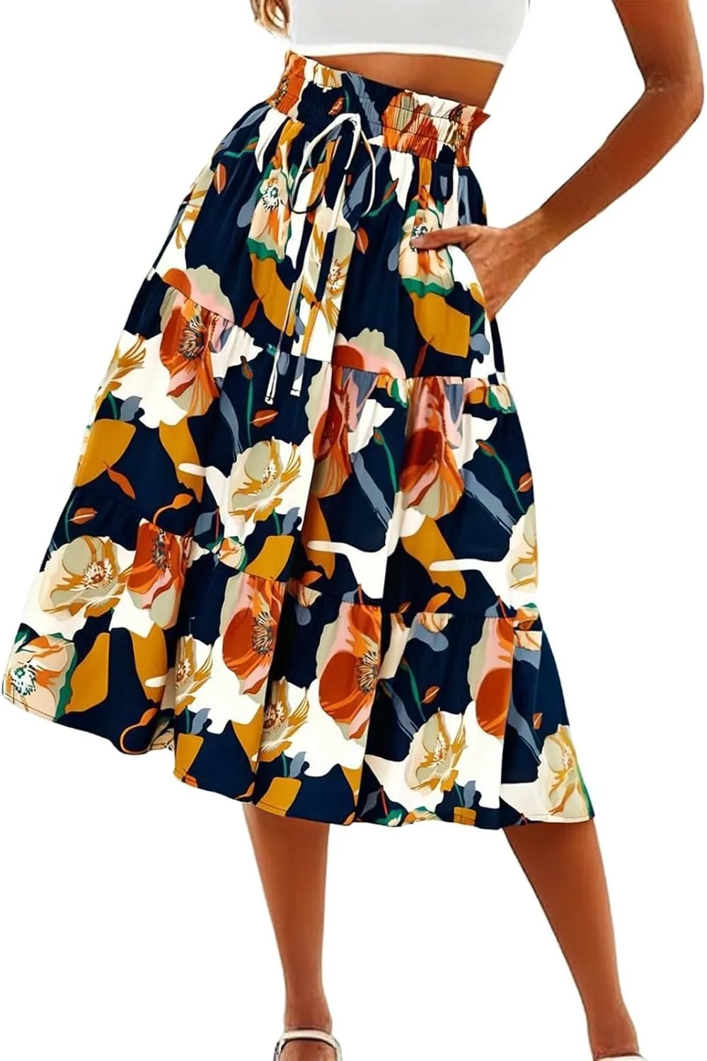 Boho Skirts for Women Trendy Beach Elastic Waist Travel Swing Peasant Pleated Country Flowy Business Smocked Skirts