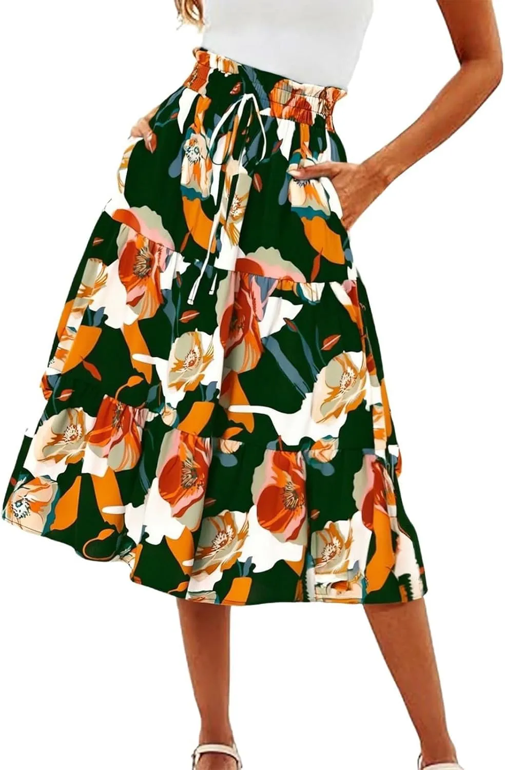Boho Skirts for Women Trendy Beach Elastic Waist Travel Swing Peasant Pleated Country Flowy Business Smocked Skirts