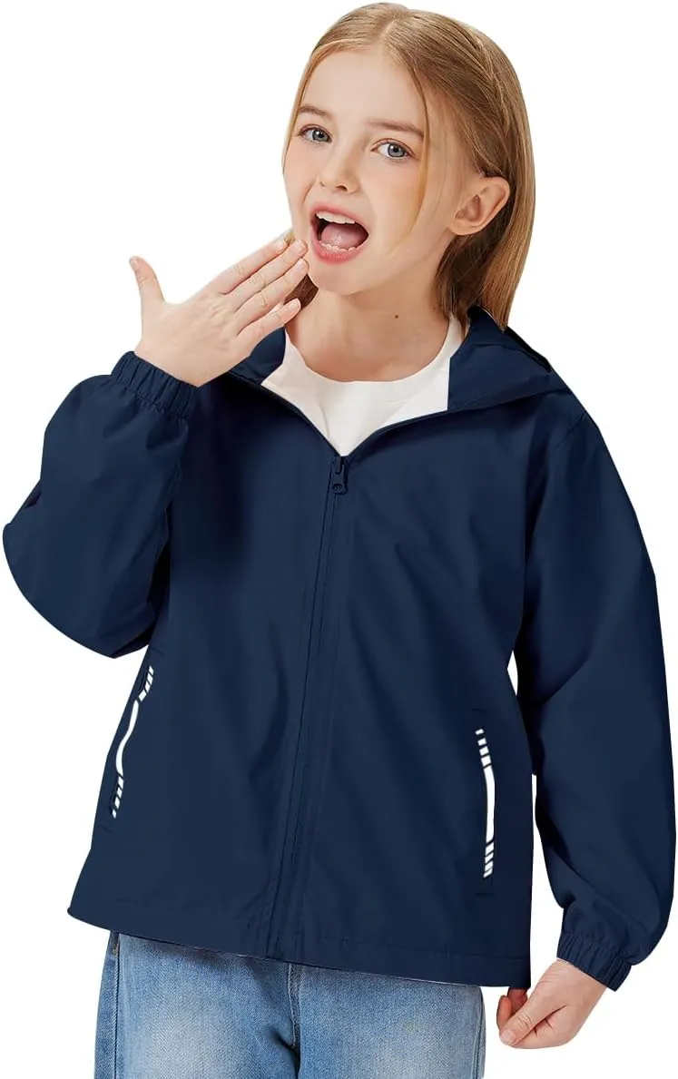 Boys Girls Waterproof Rain Jacket Lightweight soft lining Kids Windbreaker Hooded Coat Easy to Fold