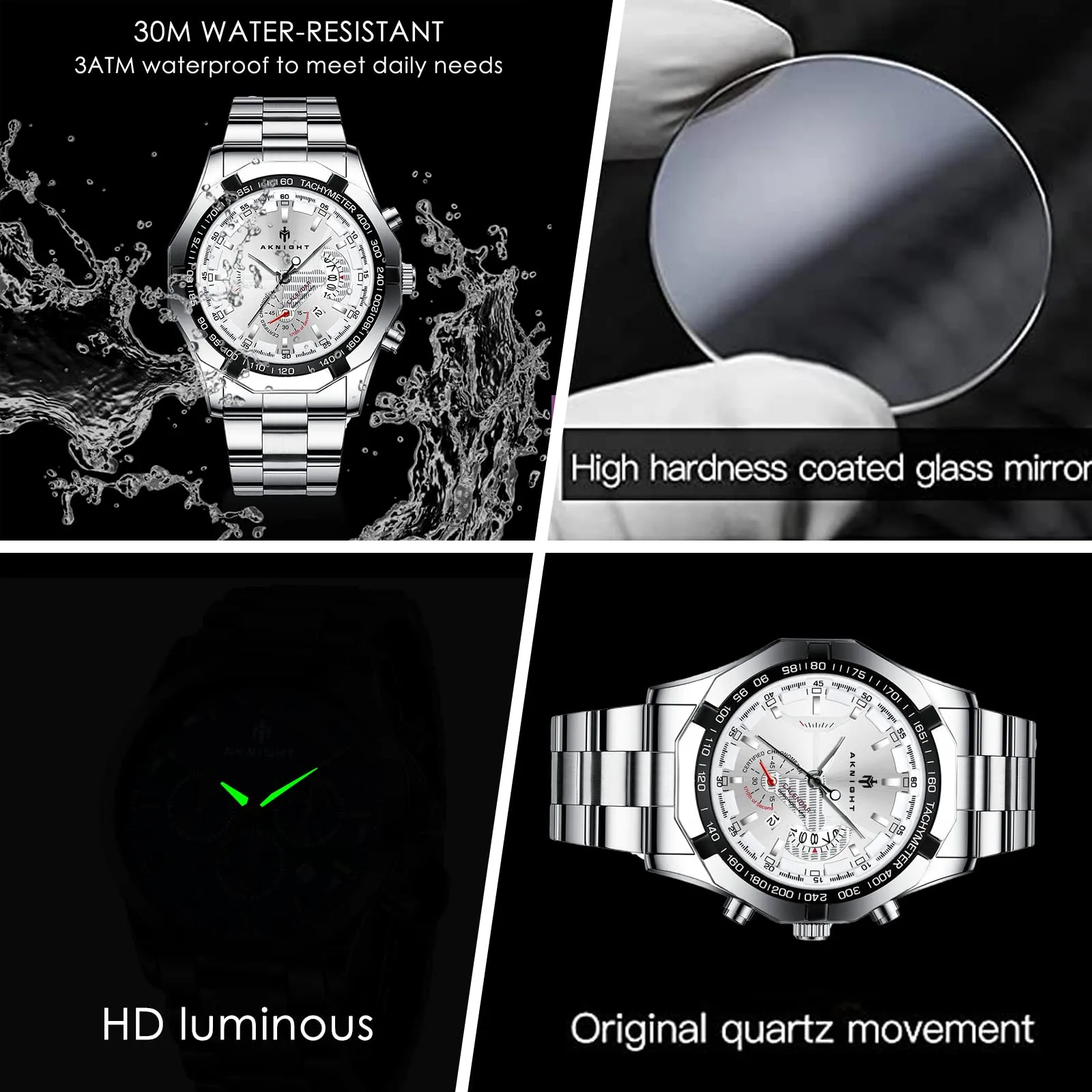 BY BENYAR AKNIGHT Watches for Men Quartz Movement Watch，Waterproof Luminous Men's Watch, Stainless Steel Strap Business Watches