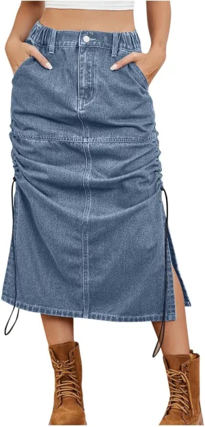 Cargo Skirts for Women with Pocket Midi Length Denim Skirt High Waisted Maxi Skirt Tie Split Jean Skirt Summer Skirts