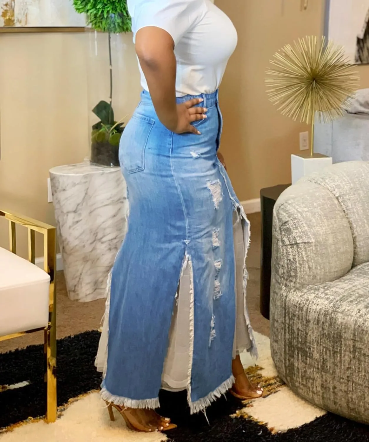 cffvdiz Women's High Waisted Denim Skirt Sexy Split Distressed Ripped Frayed Hem Jean Maxi Skirts