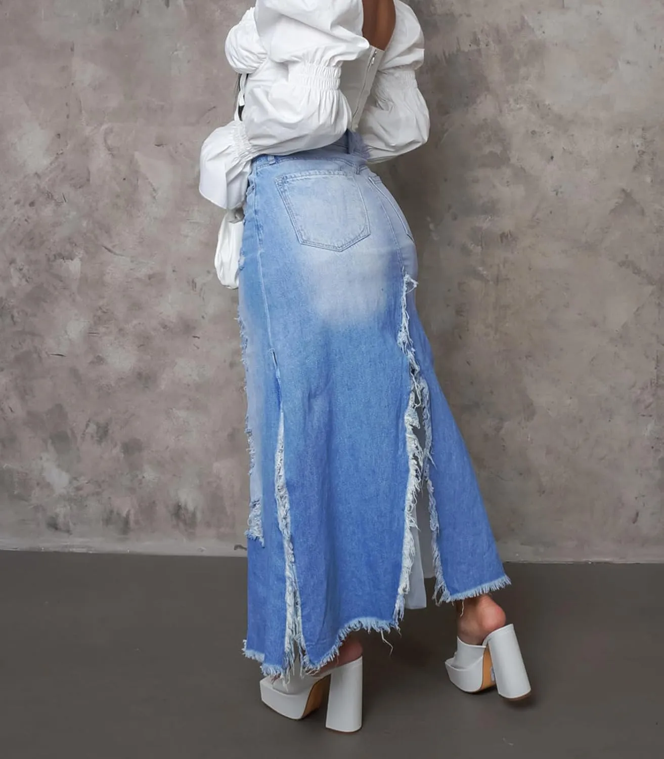 cffvdiz Women's High Waisted Denim Skirt Sexy Split Distressed Ripped Frayed Hem Jean Maxi Skirts