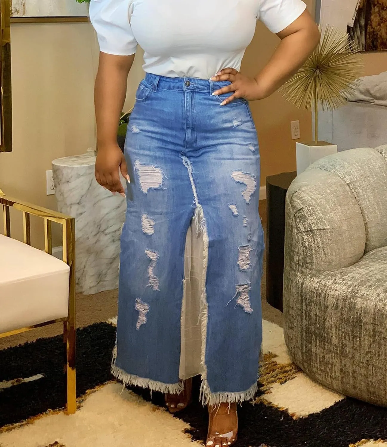 cffvdiz Women's High Waisted Denim Skirt Sexy Split Distressed Ripped Frayed Hem Jean Maxi Skirts
