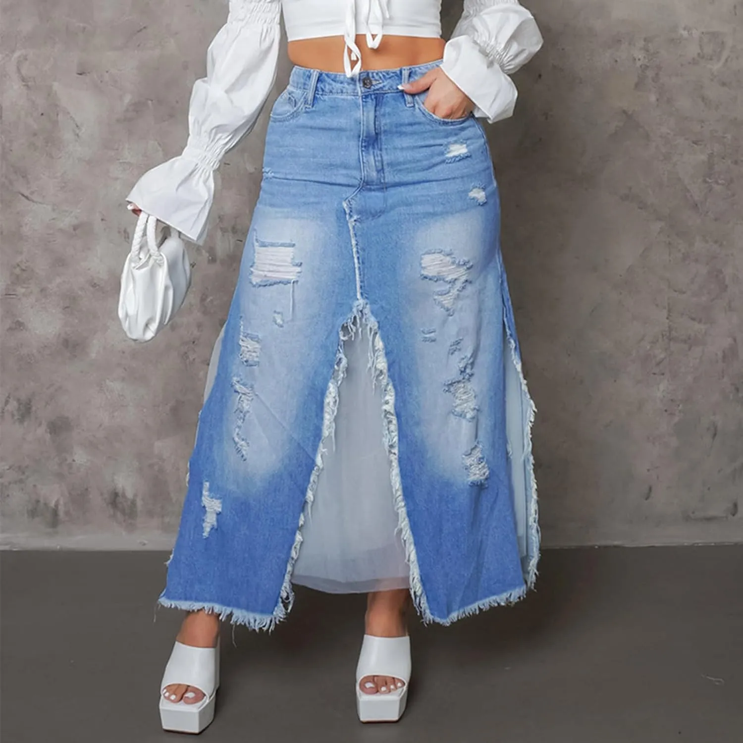cffvdiz Women's High Waisted Denim Skirt Sexy Split Distressed Ripped Frayed Hem Jean Maxi Skirts