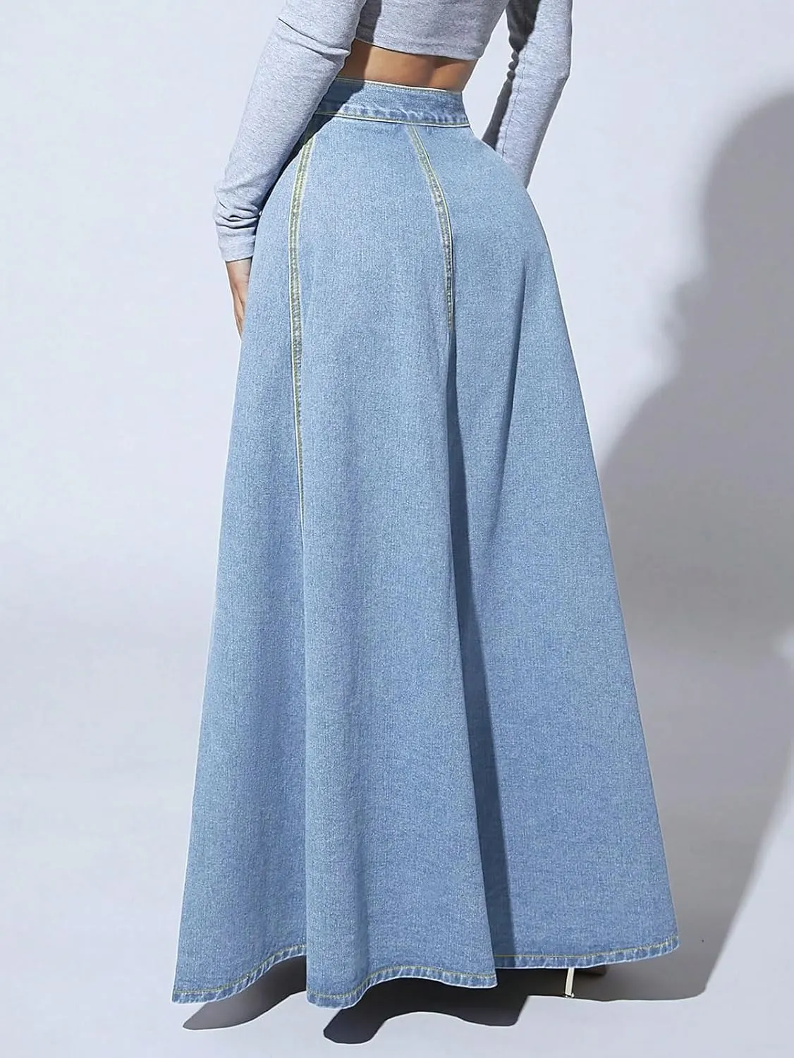 CHARTOU High Waisted Maxi Denim Skirt Women Elegant Pleated Button Up Patchwork Flowy Long Jean Skirts
