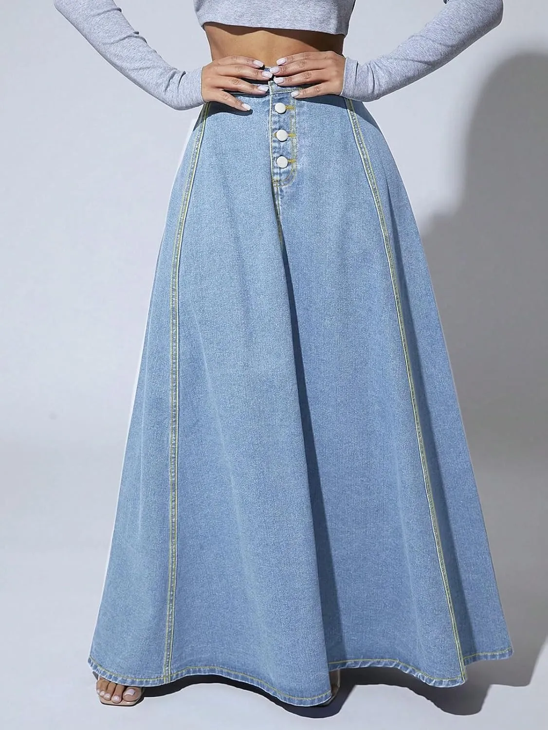 CHARTOU High Waisted Maxi Denim Skirt Women Elegant Pleated Button Up Patchwork Flowy Long Jean Skirts