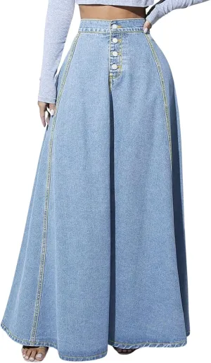 CHARTOU High Waisted Maxi Denim Skirt Women Elegant Pleated Button Up Patchwork Flowy Long Jean Skirts