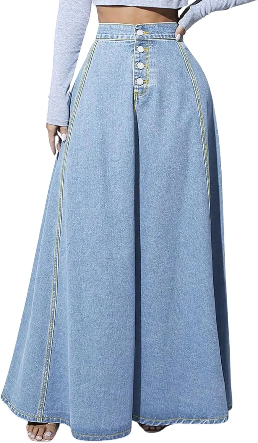 CHARTOU High Waisted Maxi Denim Skirt Women Elegant Pleated Button Up Patchwork Flowy Long Jean Skirts