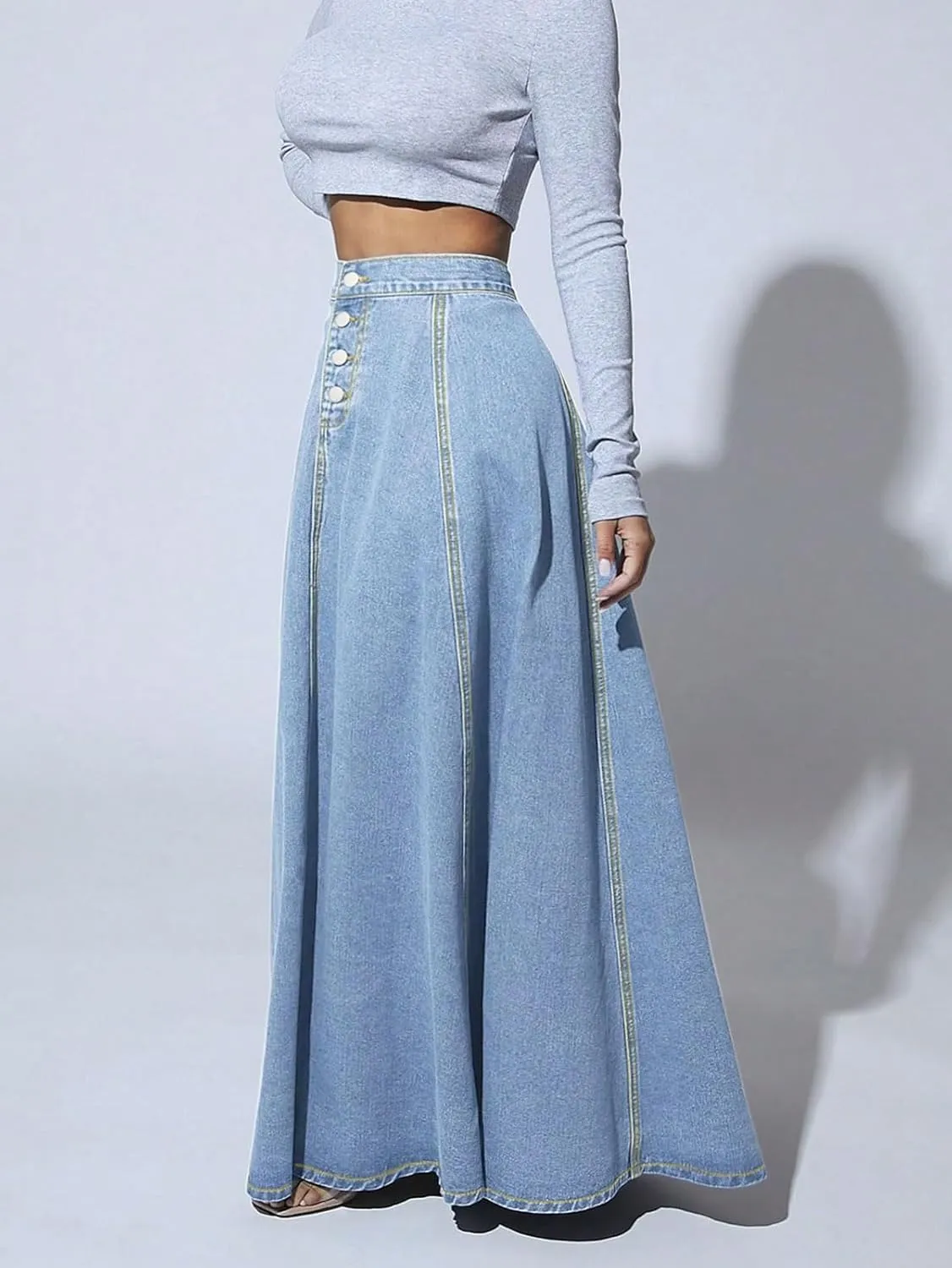 CHARTOU High Waisted Maxi Denim Skirt Women Elegant Pleated Button Up Patchwork Flowy Long Jean Skirts