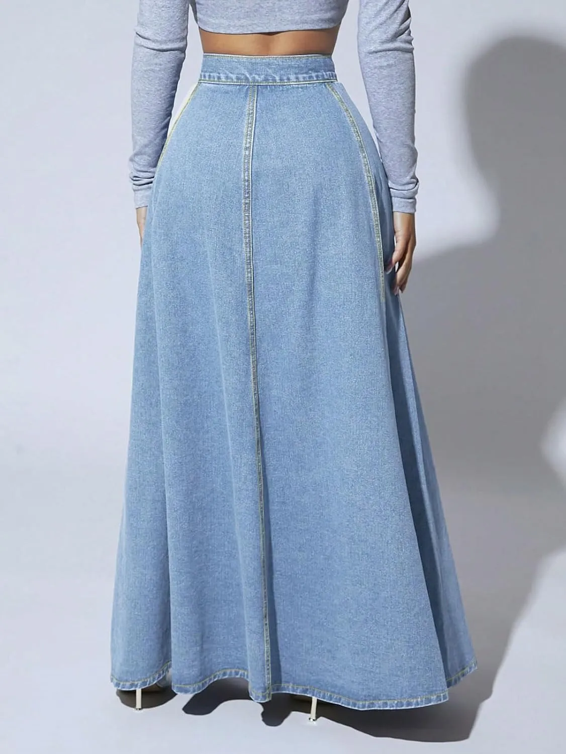 CHARTOU High Waisted Maxi Denim Skirt Women Elegant Pleated Button Up Patchwork Flowy Long Jean Skirts