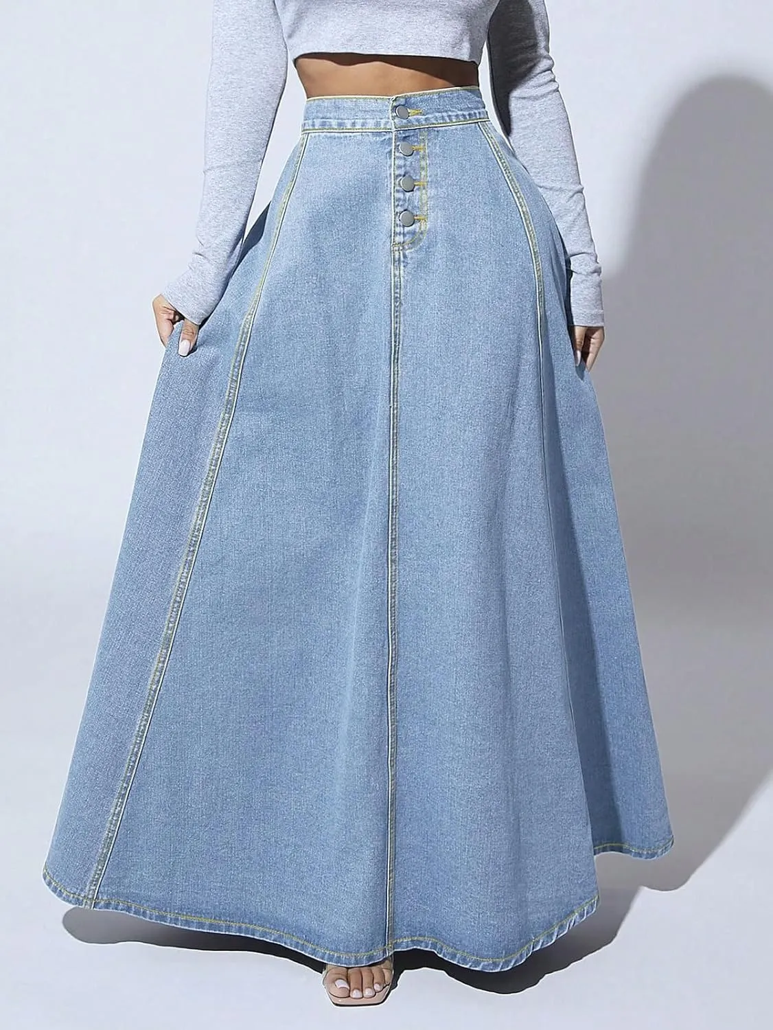 CHARTOU High Waisted Maxi Denim Skirt Women Elegant Pleated Button Up Patchwork Flowy Long Jean Skirts