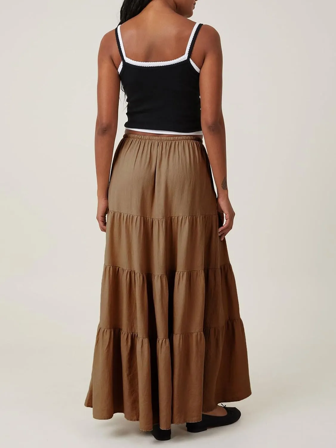 CHARTOU Women's Boho Cotton Tiered Maxi Skirt Elastic Waist Drawstring A Line Long Skirts Summer Beach Skirt