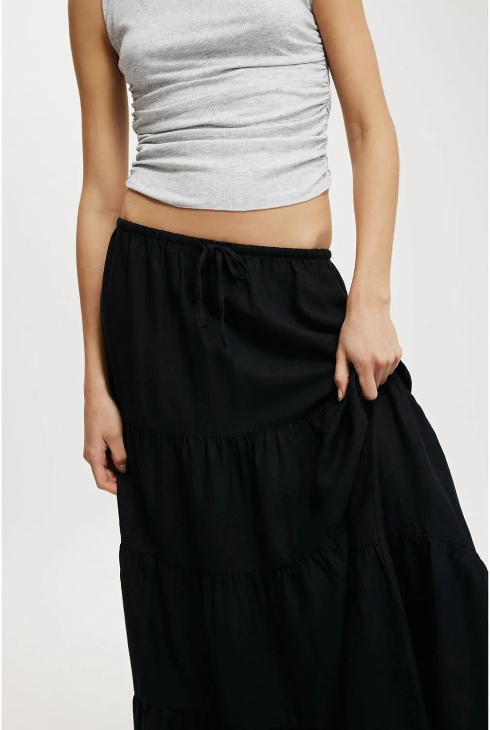 CHARTOU Women's Boho Cotton Tiered Maxi Skirt Elastic Waist Drawstring A Line Long Skirts Summer Beach Skirt