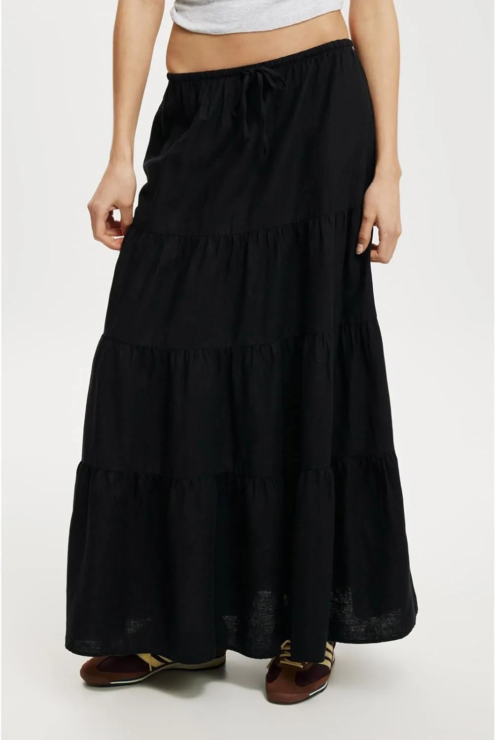 CHARTOU Women's Boho Cotton Tiered Maxi Skirt Elastic Waist Drawstring A Line Long Skirts Summer Beach Skirt