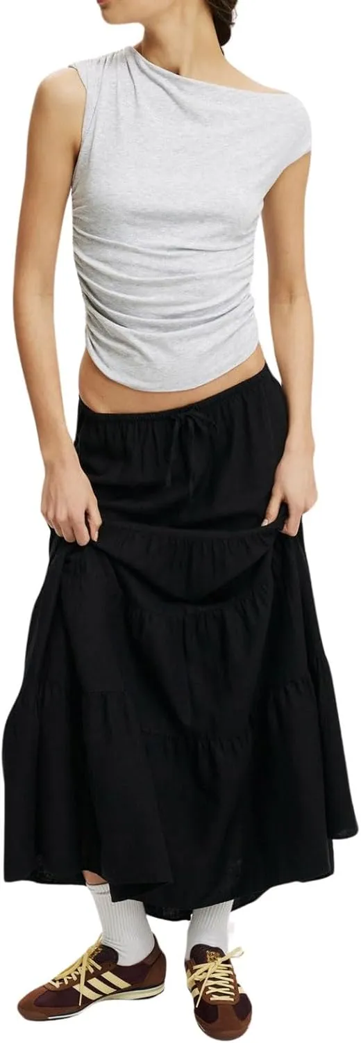 CHARTOU Women's Boho Cotton Tiered Maxi Skirt Elastic Waist Drawstring A Line Long Skirts Summer Beach Skirt