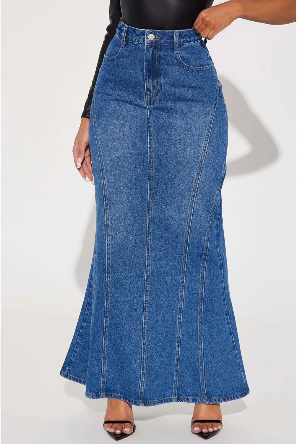CHARTOU Women's Elegant Fishtail Hem Maxi Long Denim Skirt Jean Ruffle High Waist Party Skirts with Pockets