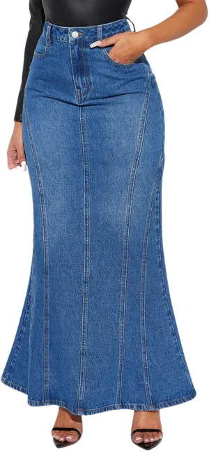 CHARTOU Women's Elegant Fishtail Hem Maxi Long Denim Skirt Jean Ruffle High Waist Party Skirts with Pockets