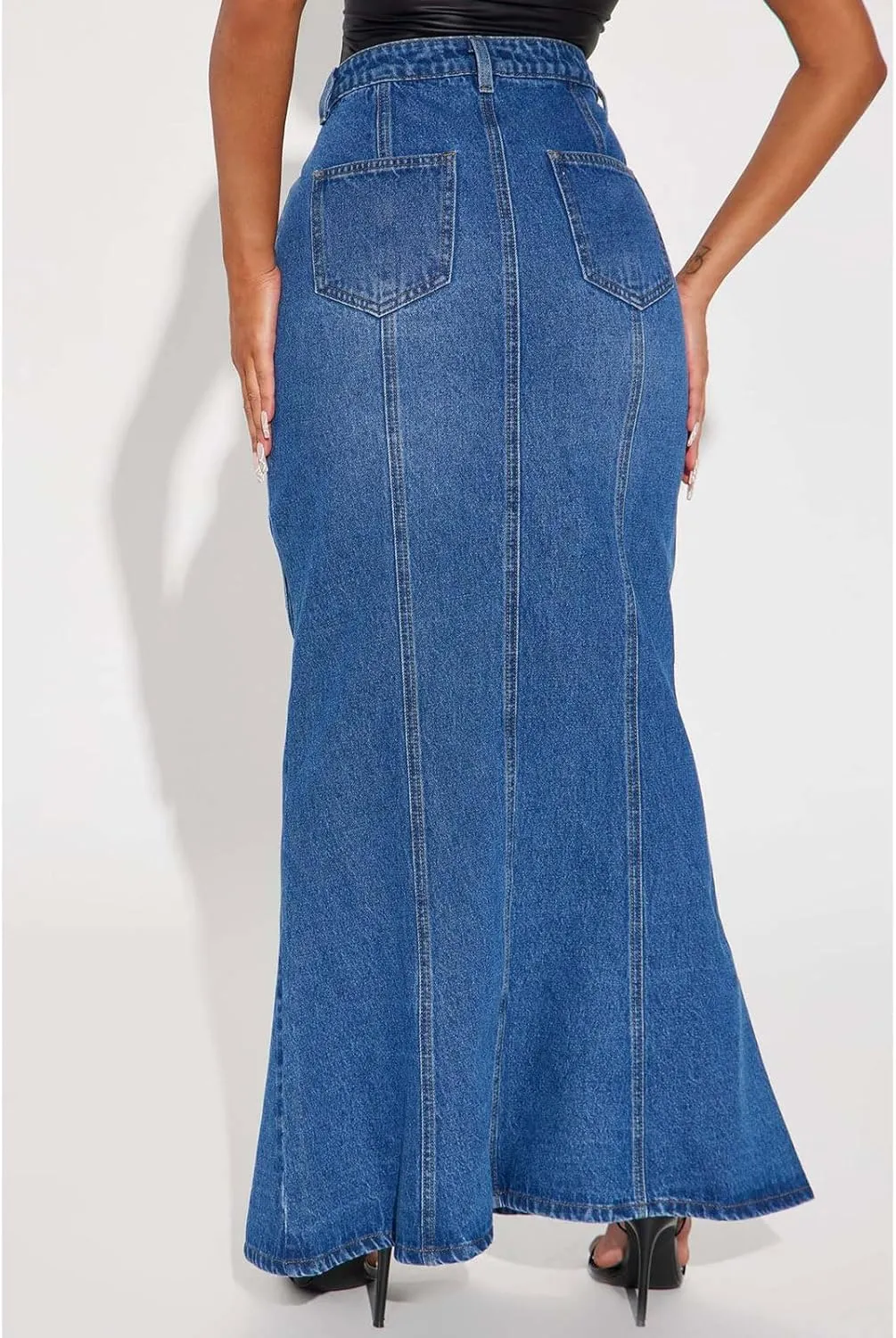 CHARTOU Women's Elegant Fishtail Hem Maxi Long Denim Skirt Jean Ruffle High Waist Party Skirts with Pockets