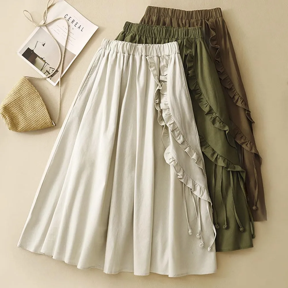 chouyatou Women's Elastic Waist Ruffle Skirt Retro Fringe Cotton Linen Pleated Midi Long Skirt with Pockets