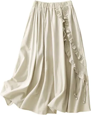 chouyatou Women's Elastic Waist Ruffle Skirt Retro Fringe Cotton Linen Pleated Midi Long Skirt with Pockets
