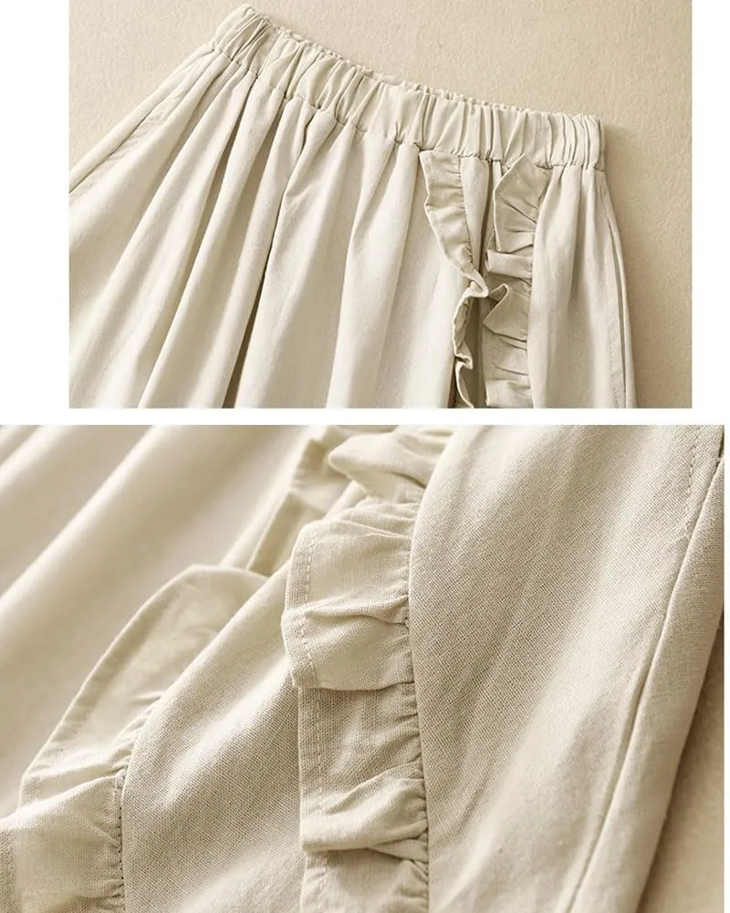 chouyatou Women's Elastic Waist Ruffle Skirt Retro Fringe Cotton Linen Pleated Midi Long Skirt with Pockets