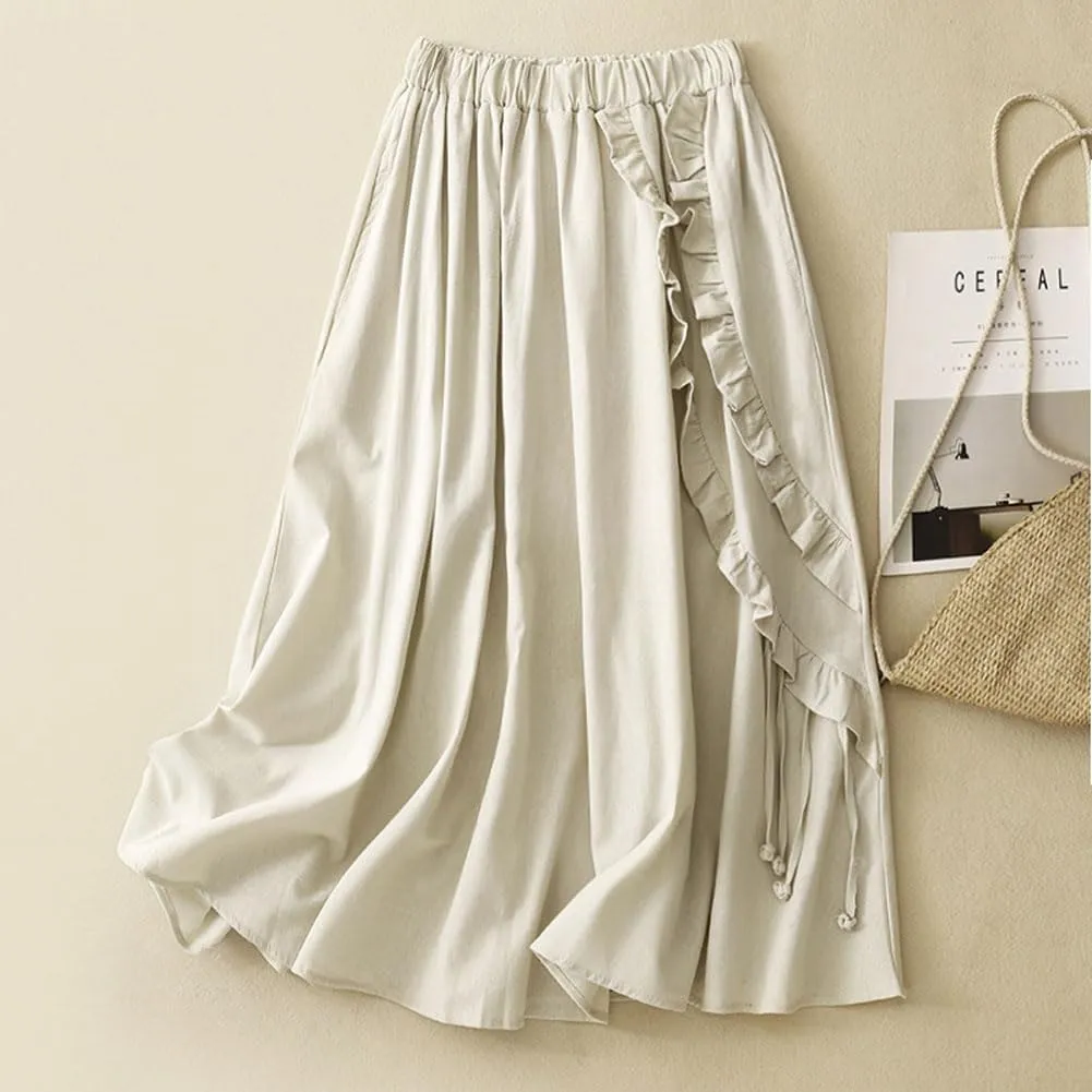 chouyatou Women's Elastic Waist Ruffle Skirt Retro Fringe Cotton Linen Pleated Midi Long Skirt with Pockets