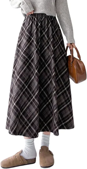 chouyatou Women's Fall Winter Elastic Waist Wool Plaid Skirt A-Line Pleated Midi Long Skater Skirts