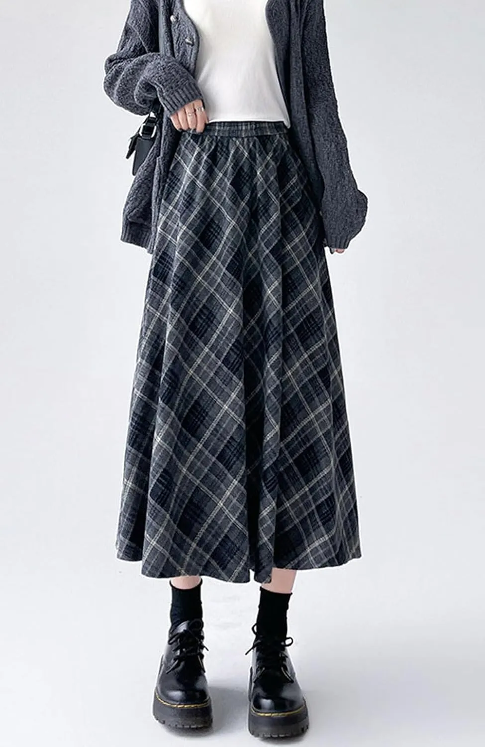 chouyatou Women's Fall Winter Elastic Waist Wool Plaid Skirt A-Line Pleated Midi Long Skater Skirts