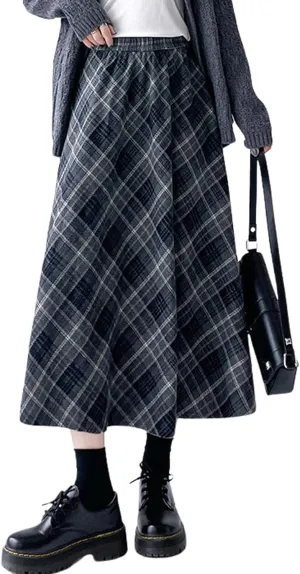 chouyatou Women's Fall Winter Elastic Waist Wool Plaid Skirt A-Line Pleated Midi Long Skater Skirts