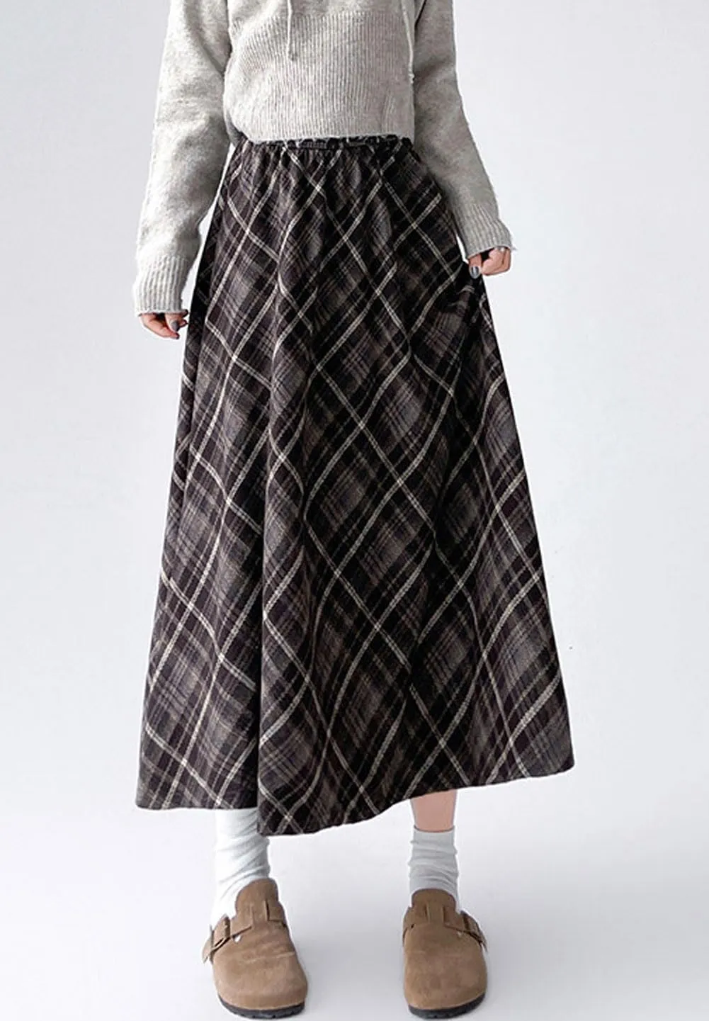 chouyatou Women's Fall Winter Elastic Waist Wool Plaid Skirt A-Line Pleated Midi Long Skater Skirts