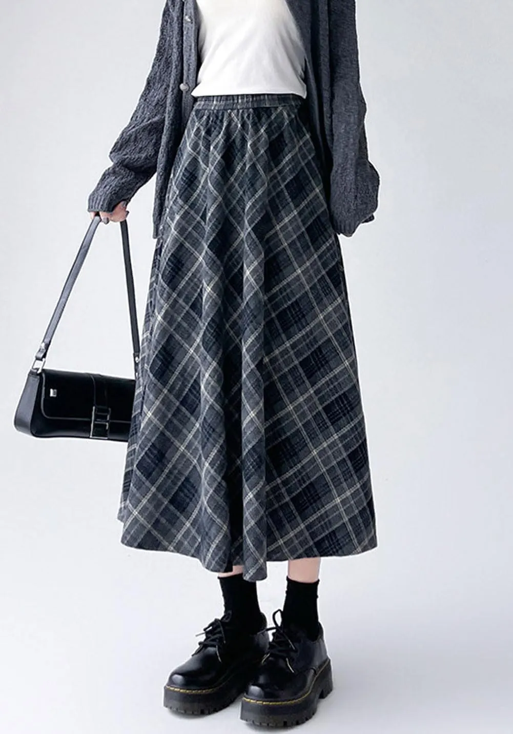 chouyatou Women's Fall Winter Elastic Waist Wool Plaid Skirt A-Line Pleated Midi Long Skater Skirts
