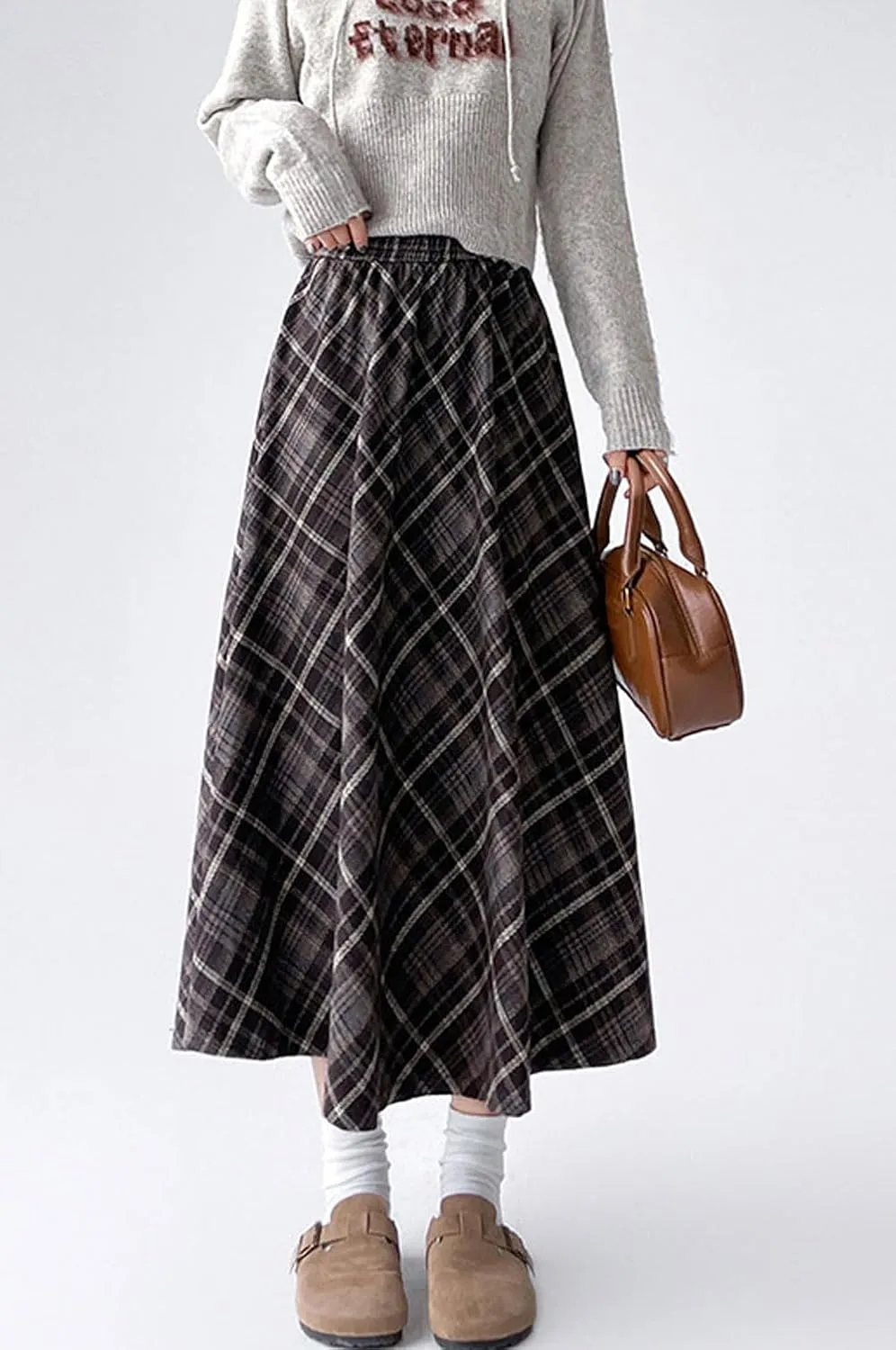 chouyatou Women's Fall Winter Elastic Waist Wool Plaid Skirt A-Line Pleated Midi Long Skater Skirts
