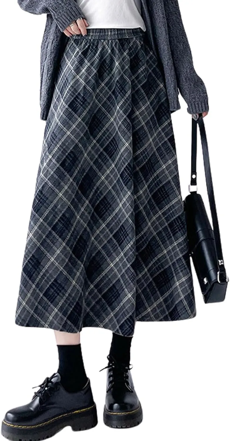 chouyatou Women's Fall Winter Elastic Waist Wool Plaid Skirt A-Line Pleated Midi Long Skater Skirts