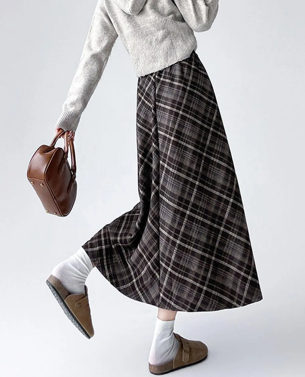 chouyatou Women's Fall Winter Elastic Waist Wool Plaid Skirt A-Line Pleated Midi Long Skater Skirts