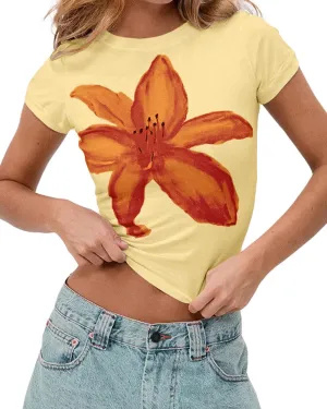 Cioatin Women Y2K Short Sleeve Flower Graphic Baby Tee Shirt Vintage Aesthetic Floral Print Summer Crop Tshirt Tops