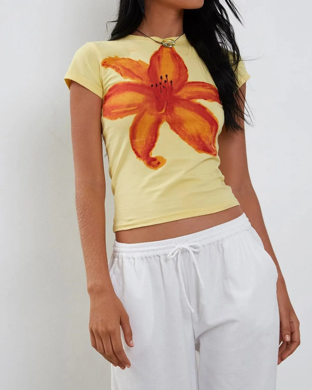 Cioatin Women Y2K Short Sleeve Flower Graphic Baby Tee Shirt Vintage Aesthetic Floral Print Summer Crop Tshirt Tops