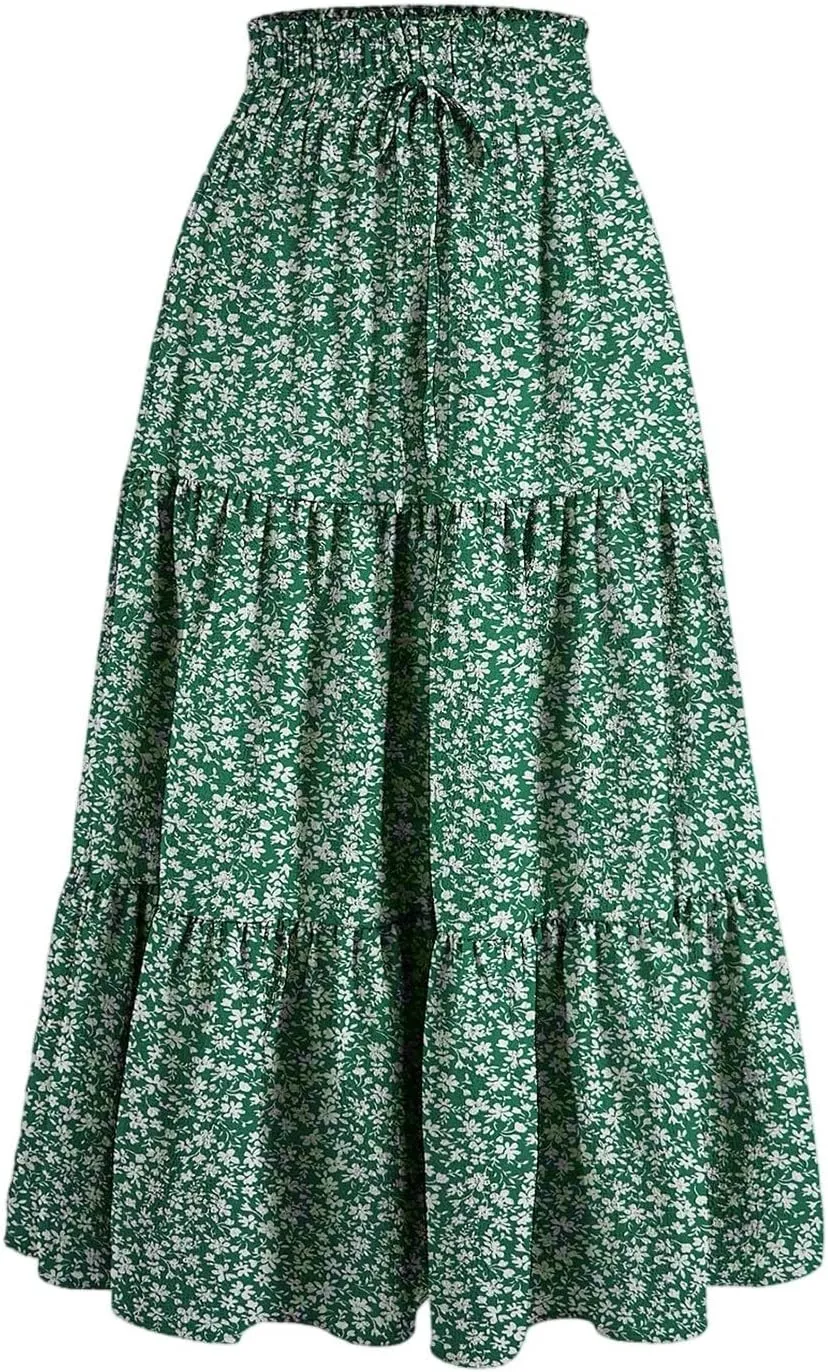 COTECRAM Womens Boho Floral Print Skirt Trendy Pleated A-Line Skirts Casual Flowy Swing Midi Skirts Beach Vacation Clothes