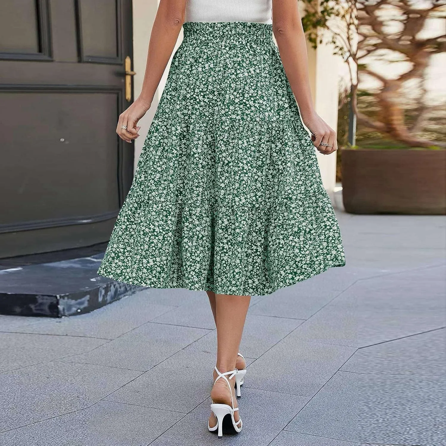 COTECRAM Womens Boho Floral Print Skirt Trendy Pleated A-Line Skirts Casual Flowy Swing Midi Skirts Beach Vacation Clothes