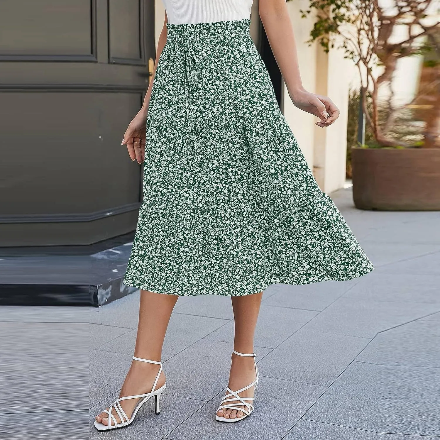 COTECRAM Womens Boho Floral Print Skirt Trendy Pleated A-Line Skirts Casual Flowy Swing Midi Skirts Beach Vacation Clothes