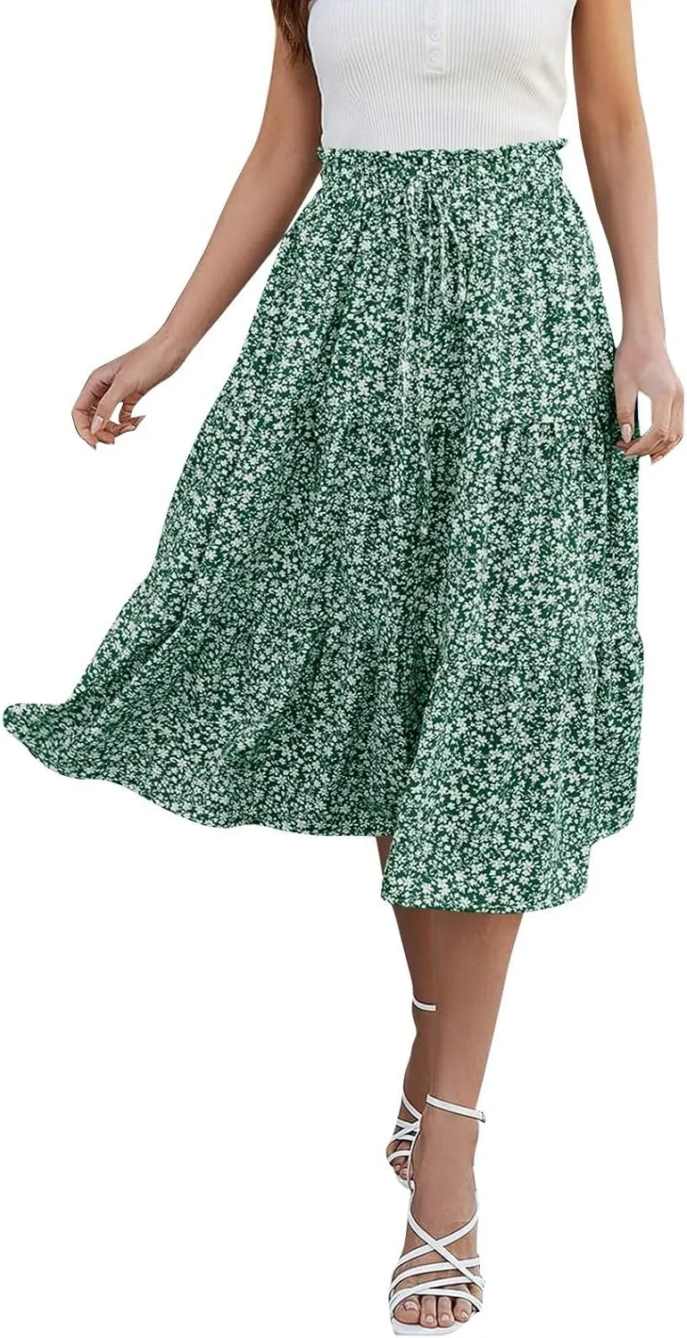 COTECRAM Womens Boho Floral Print Skirt Trendy Pleated A-Line Skirts Casual Flowy Swing Midi Skirts Beach Vacation Clothes