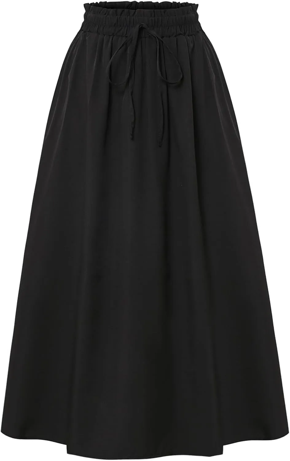 Cotton Linen Skirts for Women Midi Length Summer Drawstring Elastic Waist Smocked A-Line Skirt Knee Length with Pocket