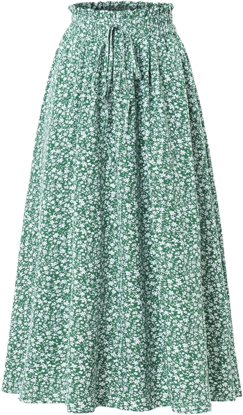 Cotton Linen Skirts for Women Midi Length Summer Drawstring Elastic Waist Smocked A-Line Skirt Knee Length with Pocket