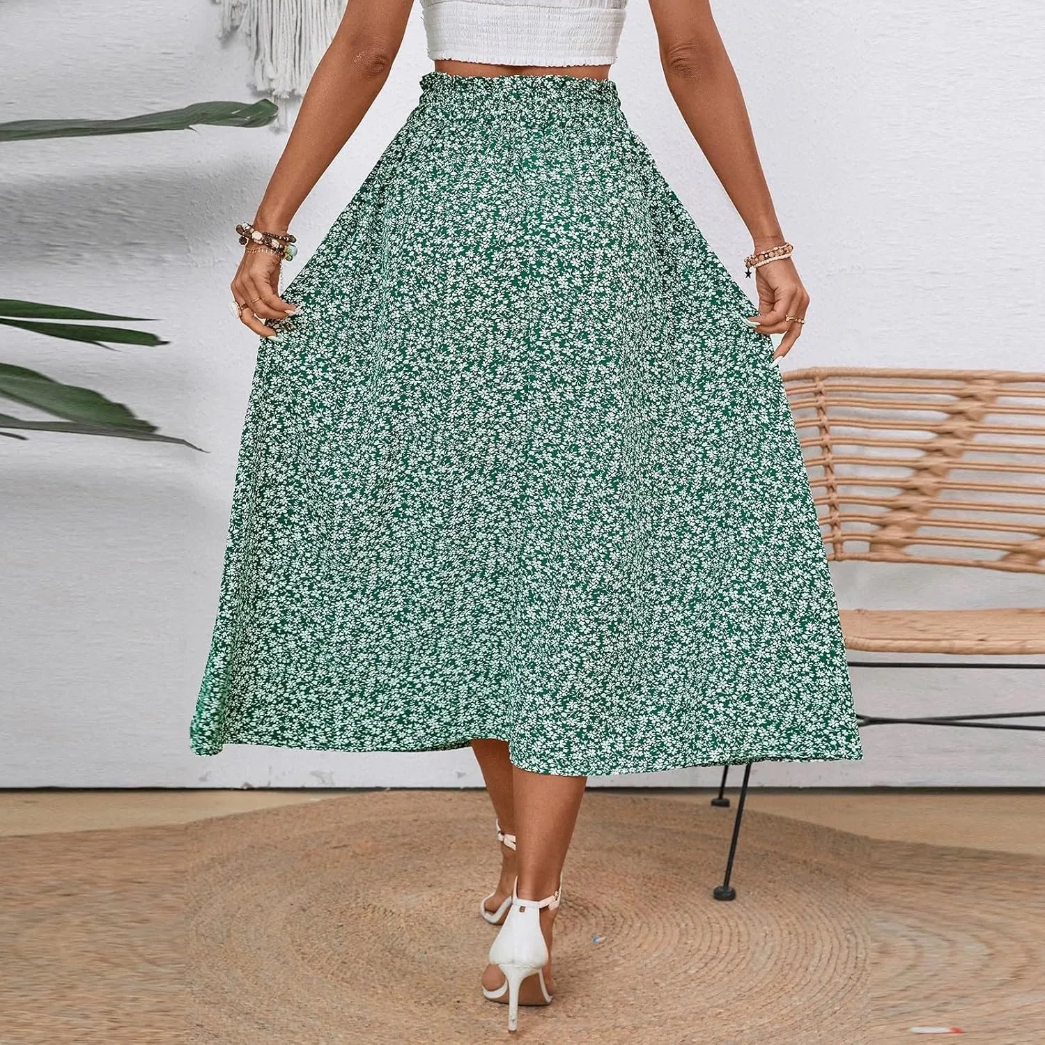 Cotton Linen Skirts for Women Midi Length Summer Drawstring Elastic Waist Smocked A-Line Skirt Knee Length with Pocket