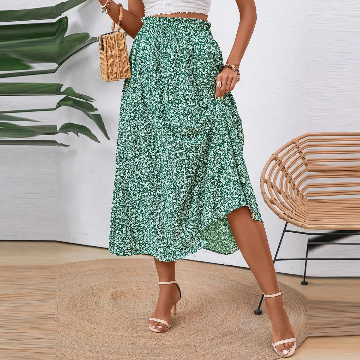 Cotton Linen Skirts for Women Midi Length Summer Drawstring Elastic Waist Smocked A-Line Skirt Knee Length with Pocket