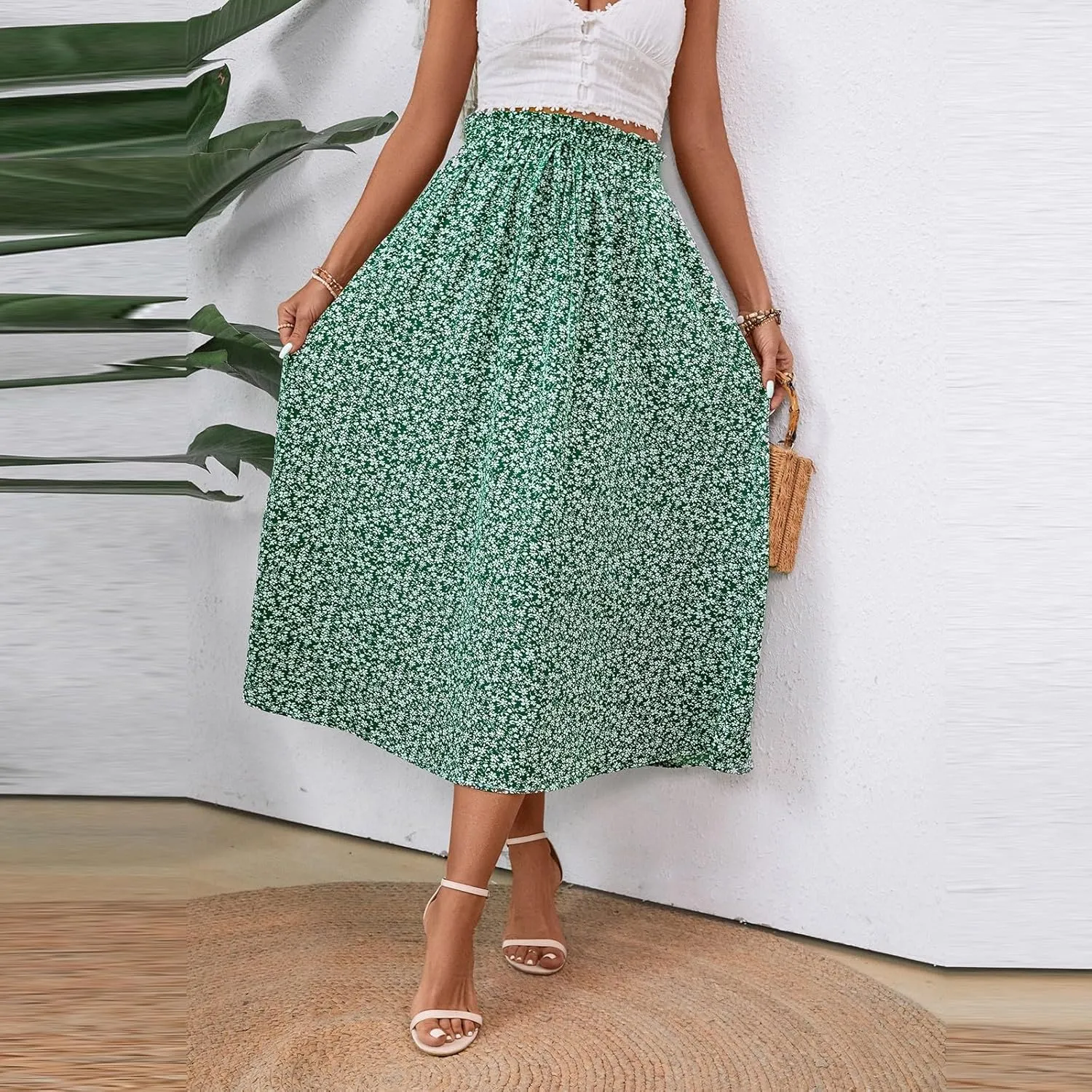 Cotton Linen Skirts for Women Midi Length Summer Drawstring Elastic Waist Smocked A-Line Skirt Knee Length with Pocket