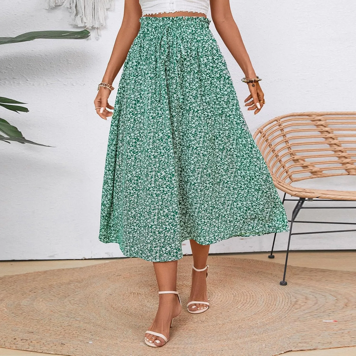 Cotton Linen Skirts for Women Midi Length Summer Drawstring Elastic Waist Smocked A-Line Skirt Knee Length with Pocket